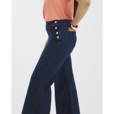 Blue High Rise Palazzo Button Detail Jeans