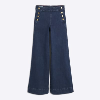 Blue High Rise Palazzo Button Detail Jeans