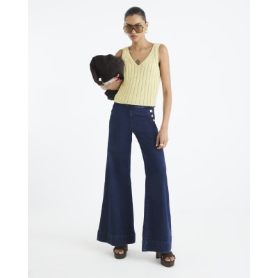 Blue High Rise Palazzo Button Detail Jeans
