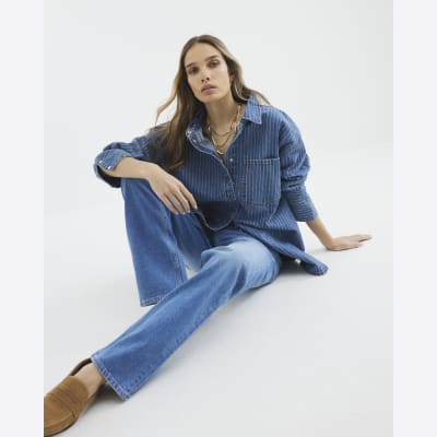 Blue High Rise Stretch Straight Leg Jeans