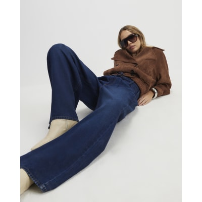 Blue High Waisted Tie Detail Wide Leg Jeans