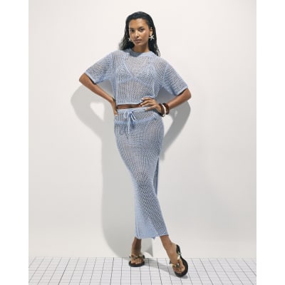 Blue Knit Midi Beach Skirt
