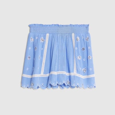 Blue Lace Trim Embroidered Beach Shorts