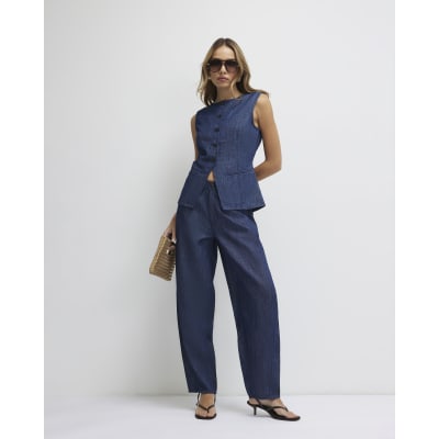 Blue Linen Blend Denim Barrel Leg Trousers