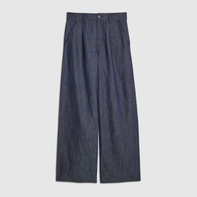 Blue Linen Blend Denim Wide Leg Trousers