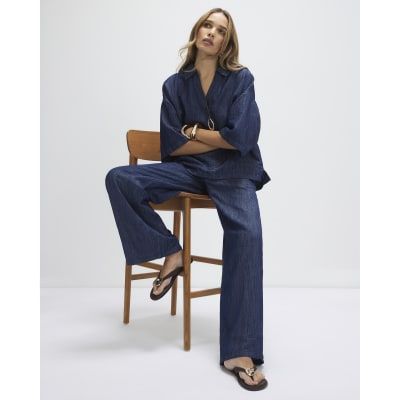 Blue Linen Blend Denim Wide Leg Trousers