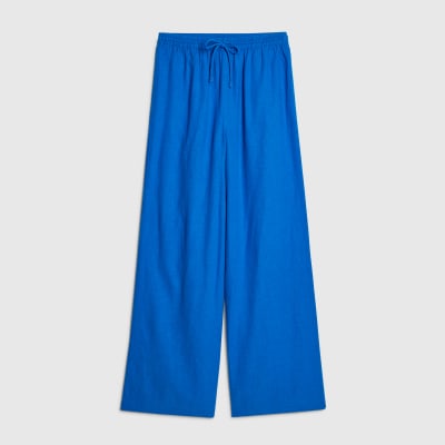 Blue Linen Blend Drawstring Wide Leg Trousers