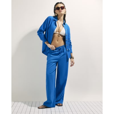 Blue Linen Blend Drawstring Wide Leg Trousers
