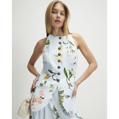 Blue Linen Blend Floral Longline Waistcoat