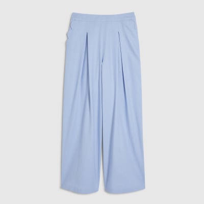 Blue Linen Blend Scallop Wide Leg Trousers