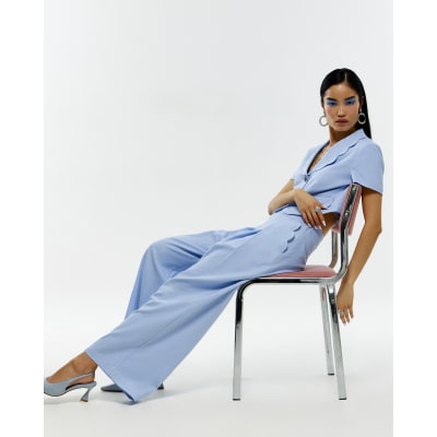 Blue Linen Blend Scallop Wide Leg Trousers