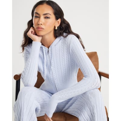 Blue Long Sleeve Cable Knit Hoodie