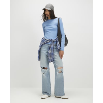 Blue Long Sleeve Ribbed Crew Neck Top