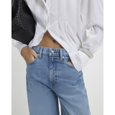 Blue Mid Rise Barrel Leg Jeans