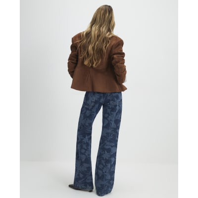 Blue Mid Rise Floral Bootcut Jeans
