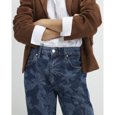 Blue Mid Rise Floral Bootcut Jeans