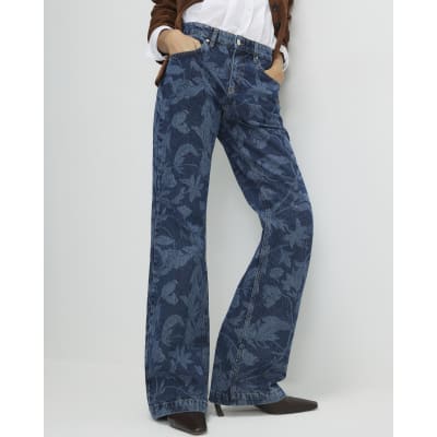 Blue Mid Rise Floral Bootcut Jeans