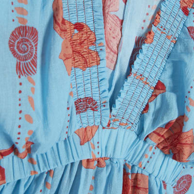 Blue Palm Print Long Sleeve Mini Beach Dress