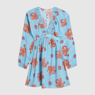 Blue Palm Print Long Sleeve Mini Beach Dress