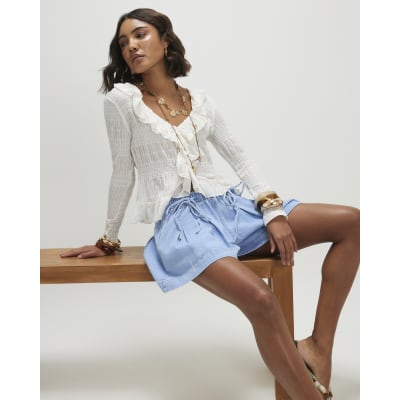 Blue Pleated Bow Front Denim Shorts
