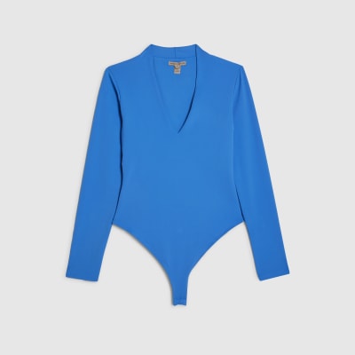 Blue Plunge Neckline Long Sleeve Bodysuit