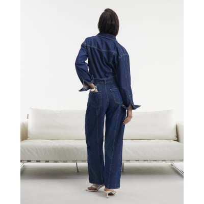 Blue Premium Belted Barrel Leg Denim Jumpsuit