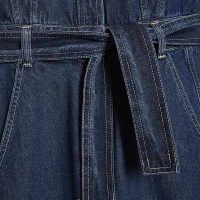 Blue Premium Belted Barrel Leg Denim Jumpsuit