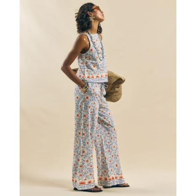 Blue Printed Linen Blend Trousers