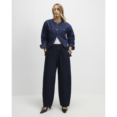 Blue Pull On Barrel Leg Jeans