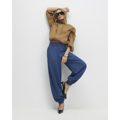 Blue Pull On Elasticated Cuffed Denim Joggers