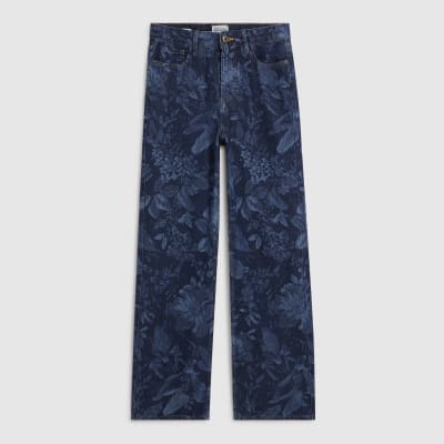 Blue Relaxed Straight Floral Print Jeans
