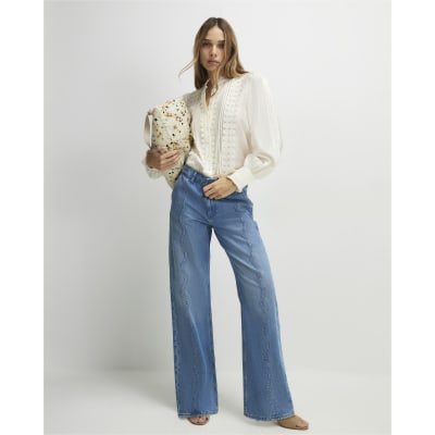 Blue Relaxed Straight Scallop Seam Jeans