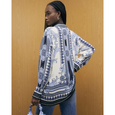 Blue Satin Border Print Shirt