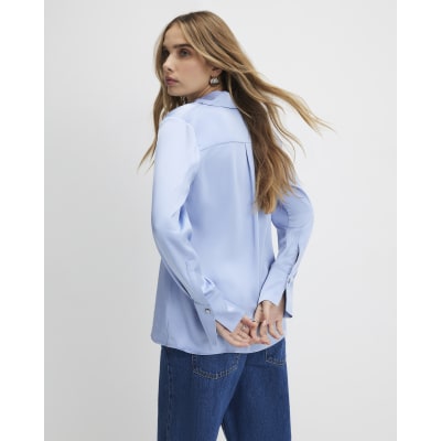 Blue Satin Long Sleeve Slim Fit Shirt