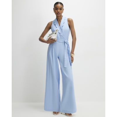 Blue Scallop Trim Linen Blend Jumpsuit