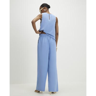 Blue Scallop Trim Wide Leg Trousers