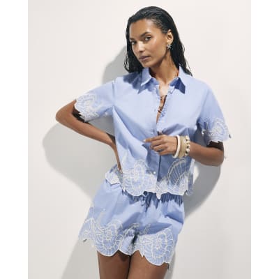 Blue Shell Embroidered Hem Shirt