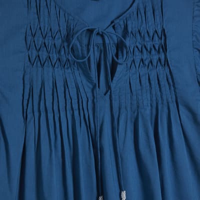 Blue Shirred Tie Neck Top