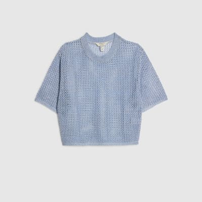 Blue Short Sleeve Knit Beach Top