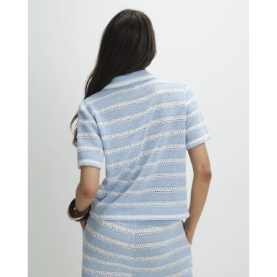 Blue Short Sleeve Striped crochet Shirt