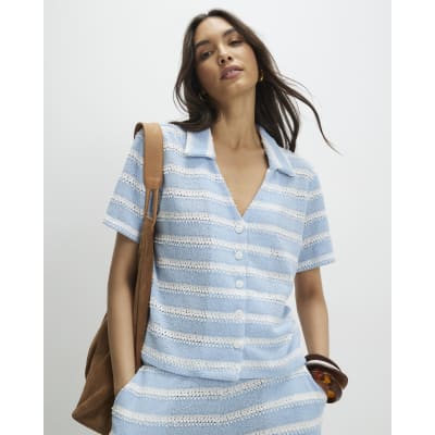 Blue Short Sleeve Striped crochet Shirt