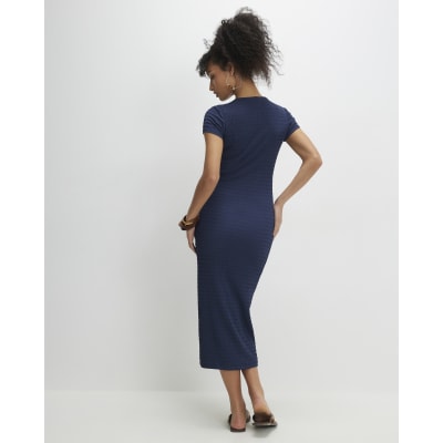 Blue Short Sleeve Textured Midi Dress