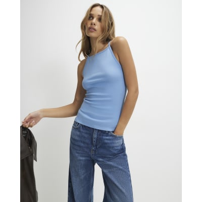 Blue Sleeveless Cotton Tank Top
