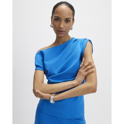 Blue Sleeveless Ponte Drape Top