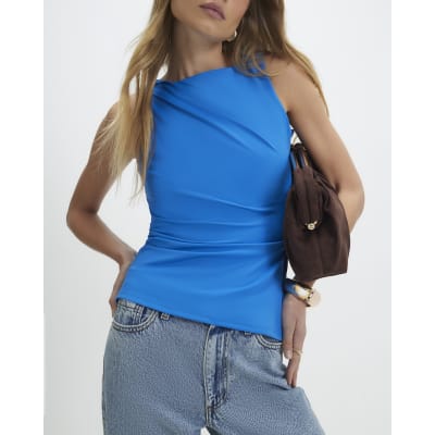 Blue Sleeveless Slash Neck Top
