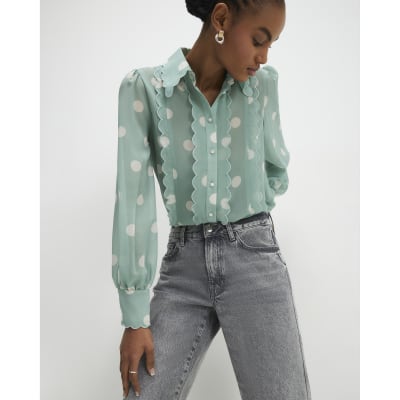 Blue Spot Print Scallop Trim Shirt