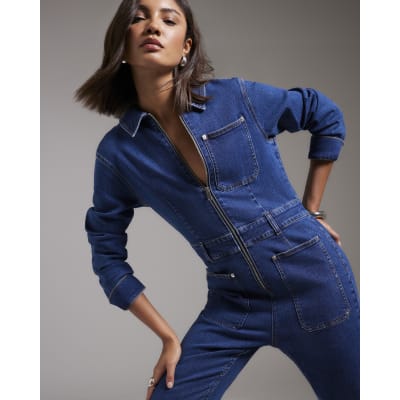 Blue Stretch Denim Straight Leg Jumpsuit