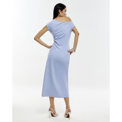 Blue Stretch Draped Midi Dress