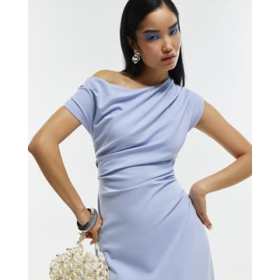 Blue Stretch Draped Midi Dress