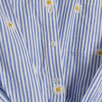 Blue Striped Daisy Embroidered Knot Shirt